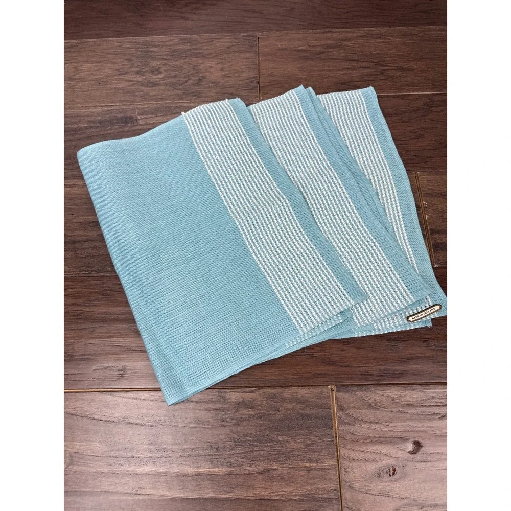 Set of 3 Blue and White Striped Woven‎ Placemats / Napkins Irish Linen